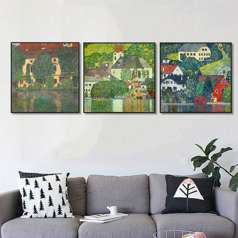 INVIN ART Combo Painting 3 Pieces Framed Canvas Giclee Print Art Series#14 by Gustav Klimt Wall Art Living Room Home Office Decorations