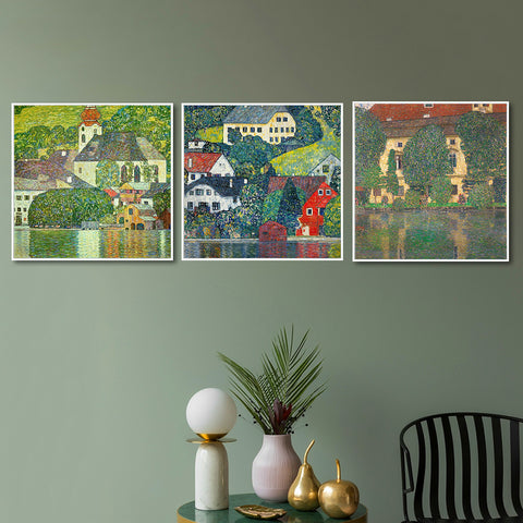 INVIN ART Combo Painting 3 Pieces Framed Canvas Giclee Print Art Series#14 by Gustav Klimt Wall Art Living Room Home Office Decorations