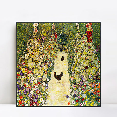 INVIN ART Framed Canvas Giclee Print Art Garden Path with Chickens by Gustav Klimt Wall Art Living Room Home Office Decorations
