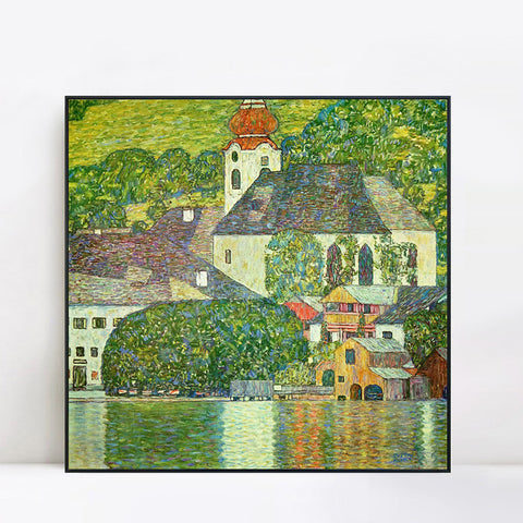 INVIN ART Framed Canvas Giclee Print Art Village by Gustav Klimt Wall Art Living Room Home Office Decorations
