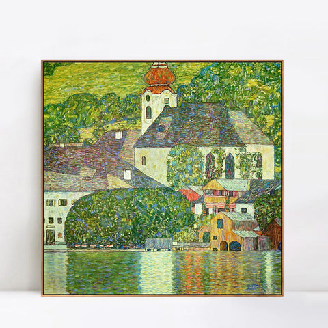 INVIN ART Framed Canvas Giclee Print Art Village by Gustav Klimt Wall Art Living Room Home Office Decorations