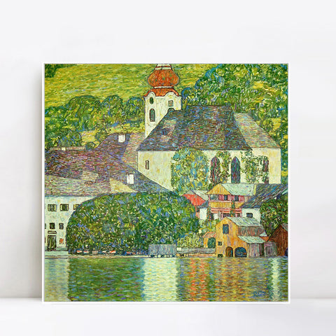 INVIN ART Framed Canvas Giclee Print Art Village by Gustav Klimt Wall Art Living Room Home Office Decorations