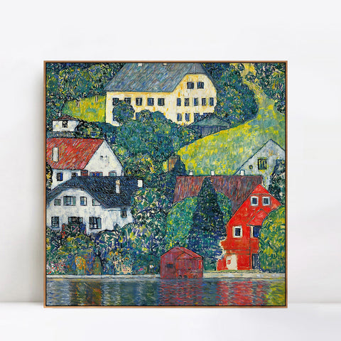 INVIN ART Framed Canvas Giclee Print Art Houses at Unterach by Gustav Klimt Wall Art Living Room Home Office Decorations