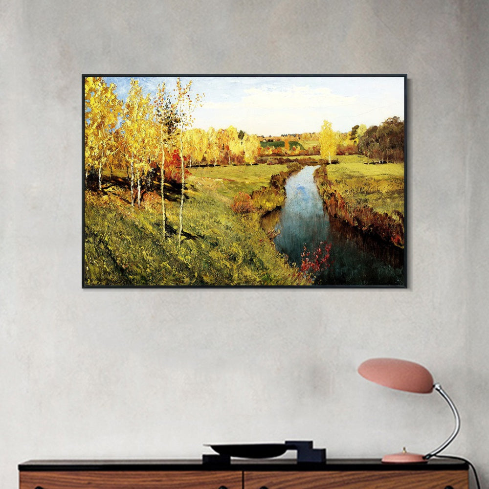 INVIN ART Framed Canvas Giclee Print golden autumn 1895 by Isaac Levitan Wall Art (Black Slim Frame,24"x32")
