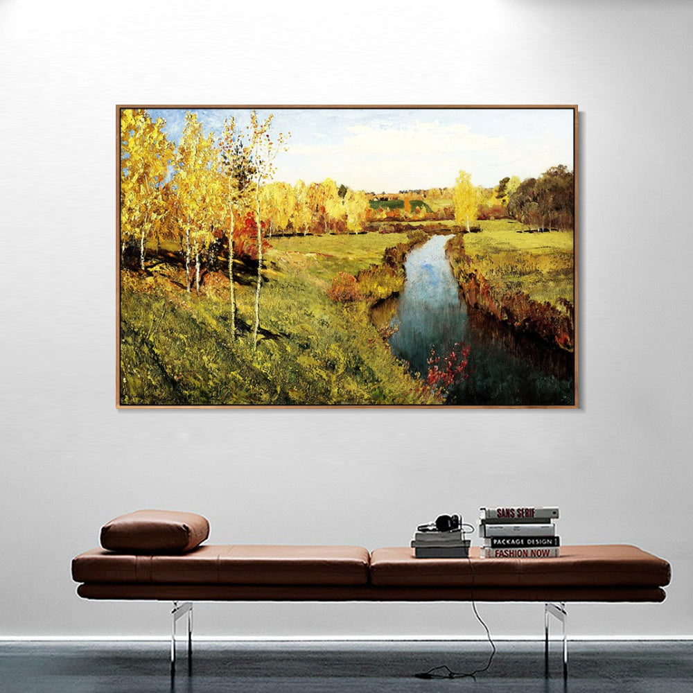 INVIN ART Framed Canvas Giclee Print golden autumn 1895 by Isaac Levitan Wall Art (Black Slim Frame,24"x32")