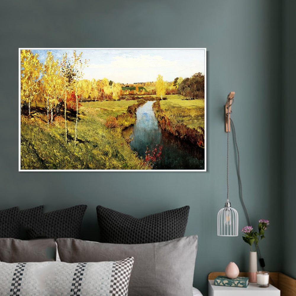 INVIN ART Framed Canvas Giclee Print golden autumn 1895 by Isaac Levitan Wall Art (Black Slim Frame,24"x32")