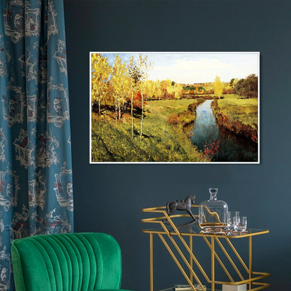 INVIN ART Framed Canvas Giclee Print golden autumn 1895 by Isaac Levitan Wall Art (Black Slim Frame,24"x32")