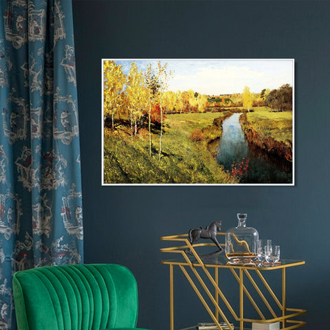 INVIN ART Framed Canvas Giclee Print golden autumn 1895 by Isaac Levitan Wall Art Living Room Home Office Decorations(Black Slim Frame,24"x32")