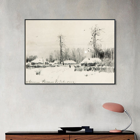 INVIN ART Framed Canvas Giclee Print Small village under the snow#10 by Isaac Levitan Wall Art Living Room Home Office Decorations