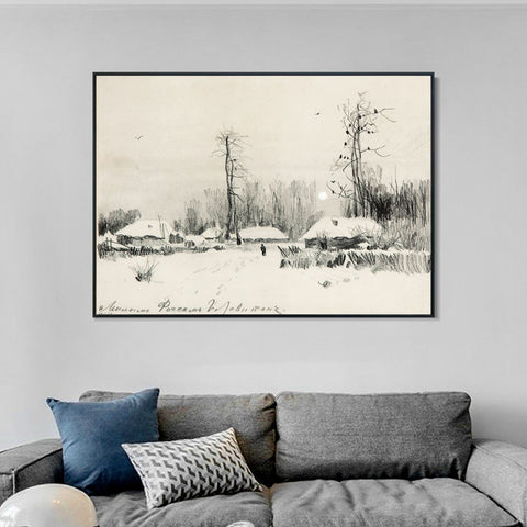 INVIN ART Framed Canvas Giclee Print Small village under the snow#10 by Isaac Levitan Wall Art Living Room Home Office Decorations