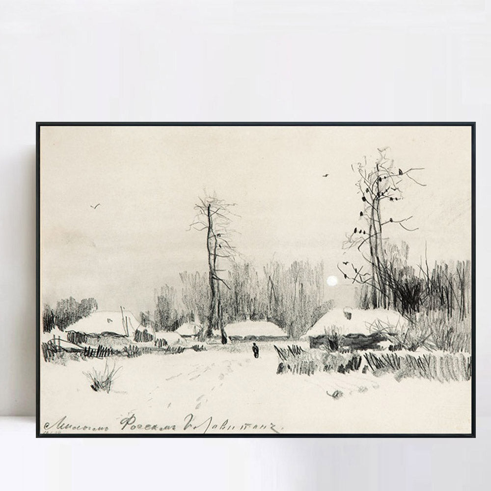 INVIN ART Framed Canvas Giclee Print Small village under the snow#10 by Isaac Levitan Wall Art