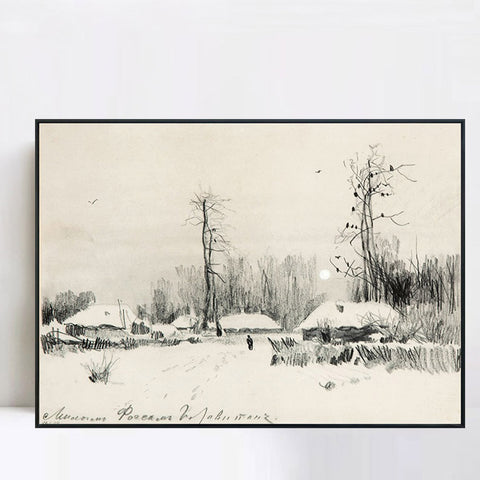 INVIN ART Framed Canvas Giclee Print Small village under the snow#10 by Isaac Levitan Wall Art Living Room Home Office Decorations
