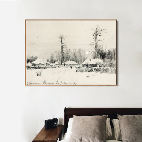 INVIN ART Framed Canvas Giclee Print Small village under the snow#10 by Isaac Levitan Wall Art Living Room Home Office Decorations
