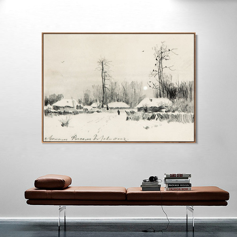INVIN ART Framed Canvas Giclee Print Small village under the snow#10 by Isaac Levitan Wall Art
