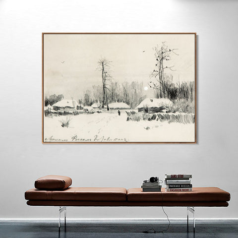 INVIN ART Framed Canvas Giclee Print Small village under the snow#10 by Isaac Levitan Wall Art Living Room Home Office Decorations