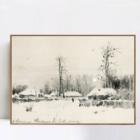 INVIN ART Framed Canvas Giclee Print Small village under the snow#10 by Isaac Levitan Wall Art Living Room Home Office Decorations