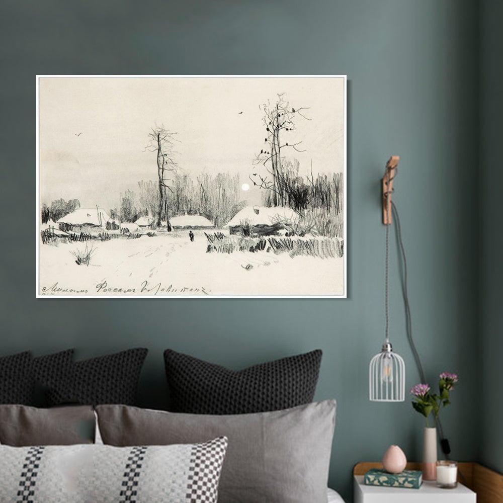 INVIN ART Framed Canvas Giclee Print Small village under the snow#10 by Isaac Levitan Wall Art