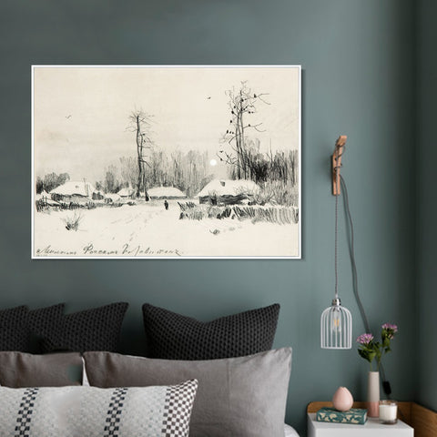 INVIN ART Framed Canvas Giclee Print Small village under the snow#10 by Isaac Levitan Wall Art Living Room Home Office Decorations