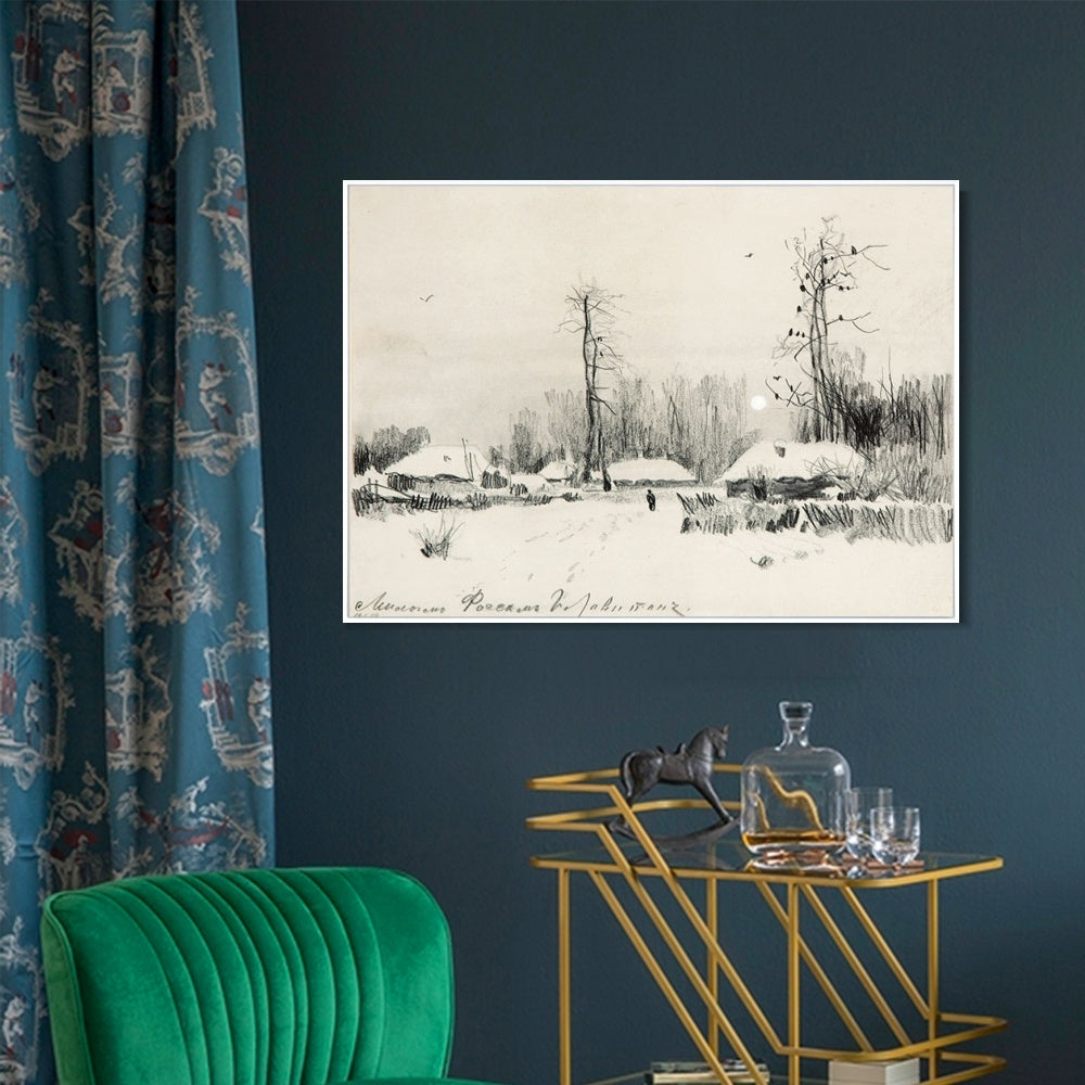 INVIN ART Framed Canvas Giclee Print Small village under the snow#10 by Isaac Levitan Wall Art