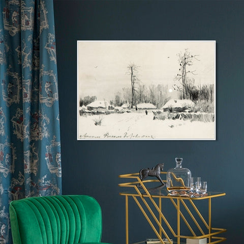 INVIN ART Framed Canvas Giclee Print Small village under the snow#10 by Isaac Levitan Wall Art Living Room Home Office Decorations