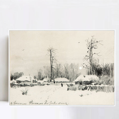 INVIN ART Framed Canvas Giclee Print Small village under the snow#10 by Isaac Levitan Wall Art Living Room Home Office Decorations