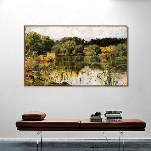 INVIN ART Framed Canvas Giclee Print pond by Isaac Levitan Wall Art Living Room Home Office Decorations