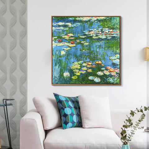 INVIN ART 100% Hand Painted Framed Canvas Water Lily Pond 1914 by Claude Monet,Famous Oil Paintings Reproduction Modern Artwork Wall Art