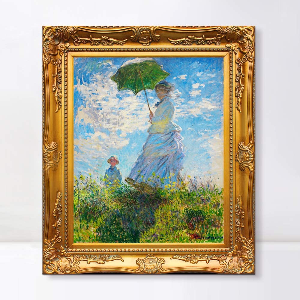 INVIN ART Framed Canvas Artwork,The Walk, Woman with a Parasol by Claude Monet, Giclee Print Painting Wall Art Decor for Restaurant,Hotel,Bar,(Baroque Gold Frame,30"x40")