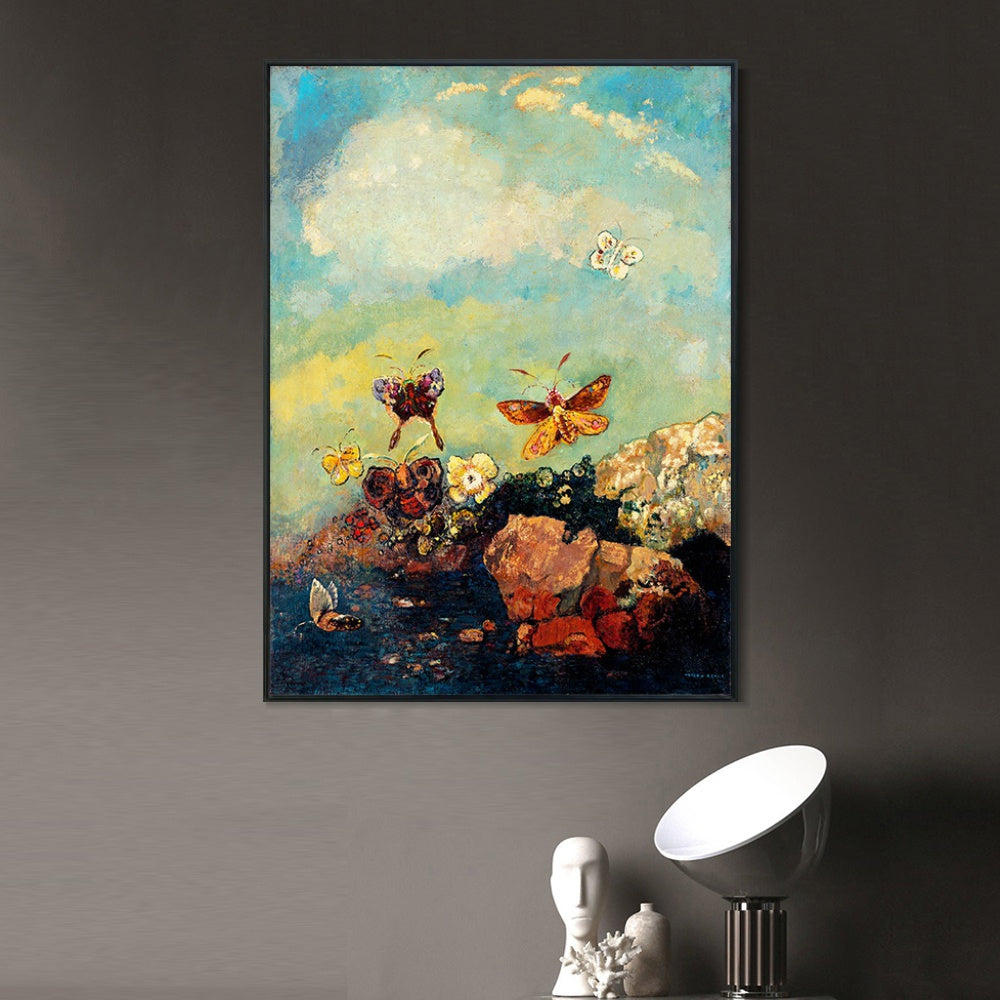 INVIN ART Framed Canvas Giclee Print Butterflies by Odilon Redon Wall Art Living Room Home Office Decorations