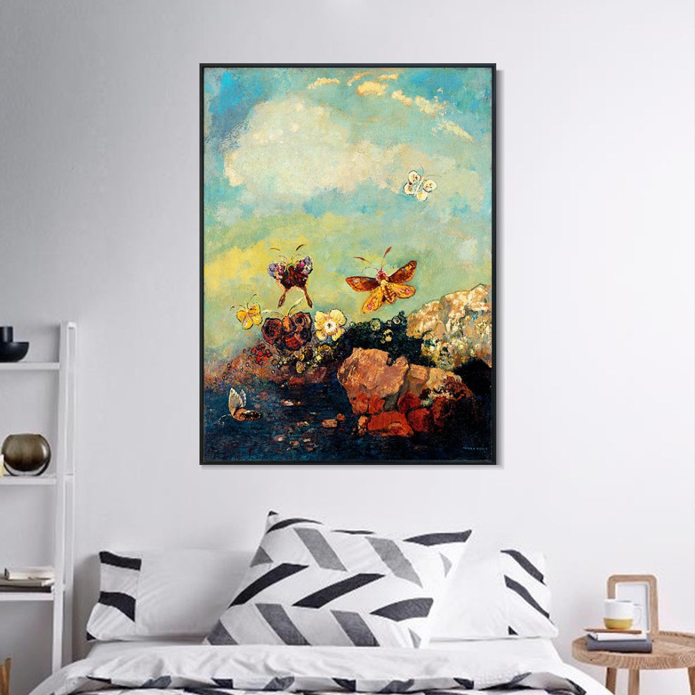 INVIN ART Framed Canvas Giclee Print Butterflies by Odilon Redon Wall Art Living Room Home Office Decorations