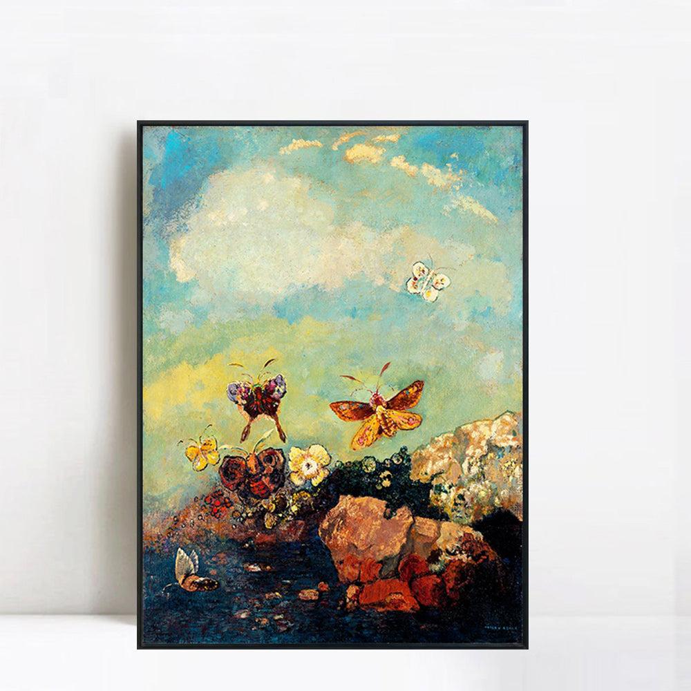 INVIN ART Framed Canvas Giclee Print Butterflies by Odilon Redon Wall Art Living Room Home Office Decorations