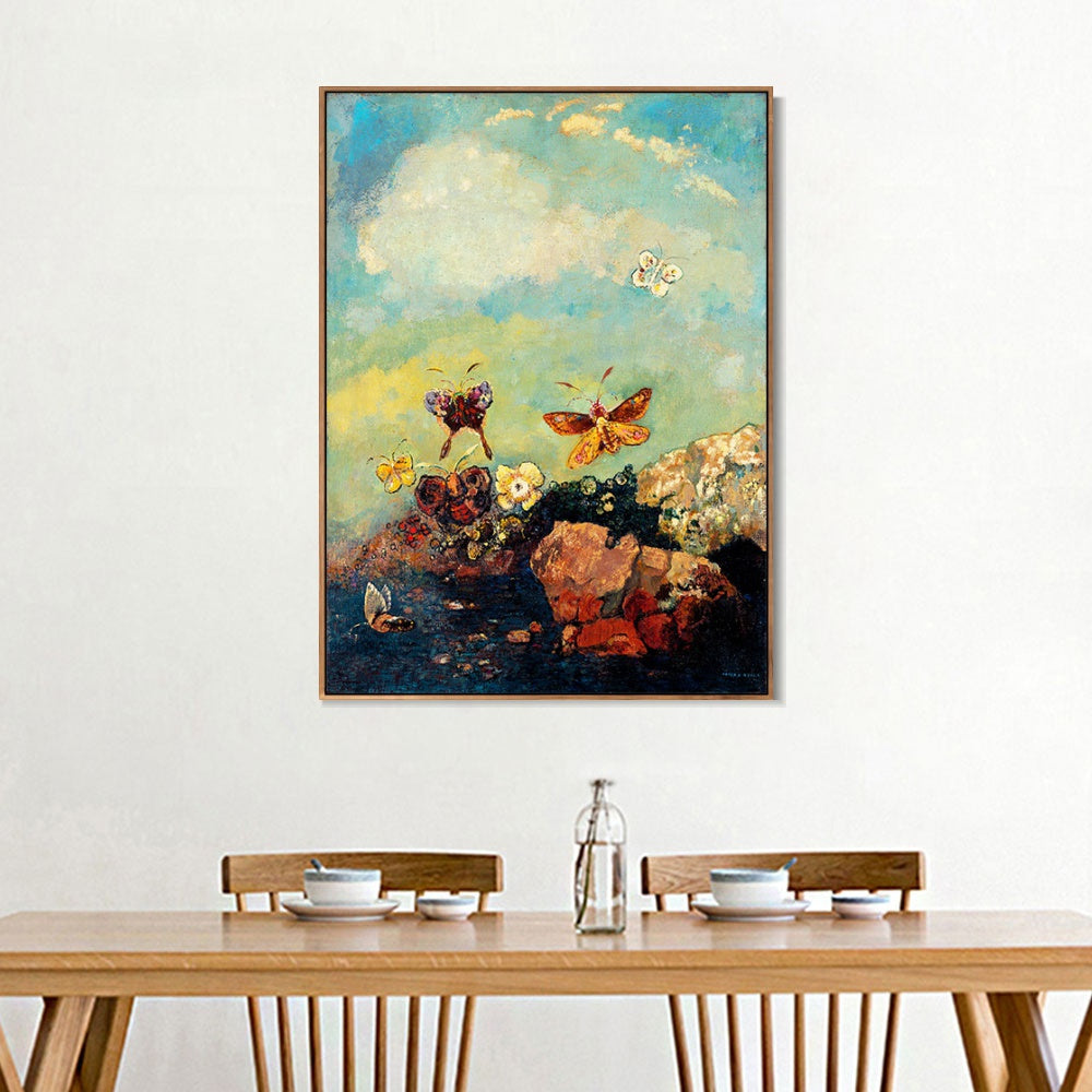 INVIN ART Framed Canvas Giclee Print Butterflies by Odilon Redon Wall Art Living Room Home Office Decorations