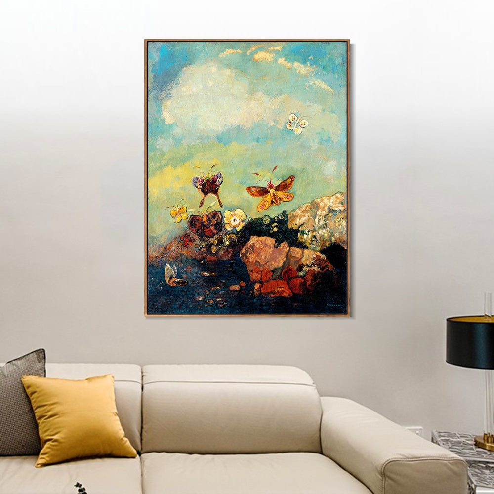 INVIN ART Framed Canvas Giclee Print Butterflies by Odilon Redon Wall Art Living Room Home Office Decorations