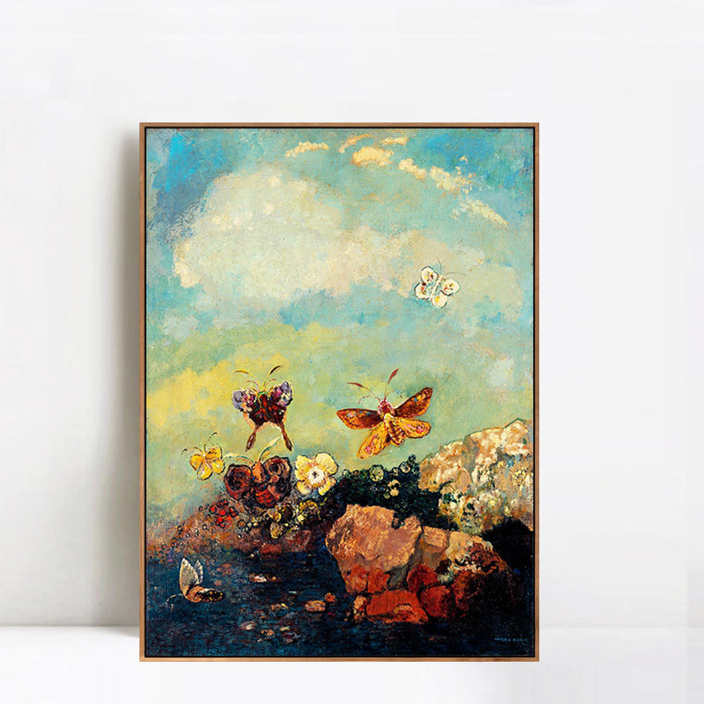 INVIN ART Framed Canvas Giclee Print Butterflies by Odilon Redon Wall Art Living Room Home Office Decorations