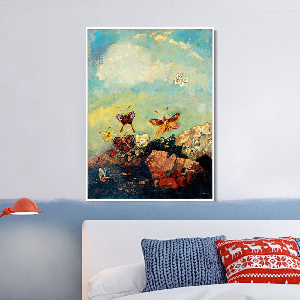INVIN ART Framed Canvas Giclee Print Butterflies by Odilon Redon Wall Art Living Room Home Office Decorations