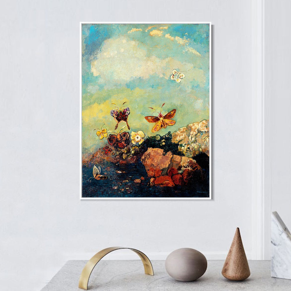 INVIN ART Framed Canvas Giclee Print Butterflies by Odilon Redon Wall Art Living Room Home Office Decorations