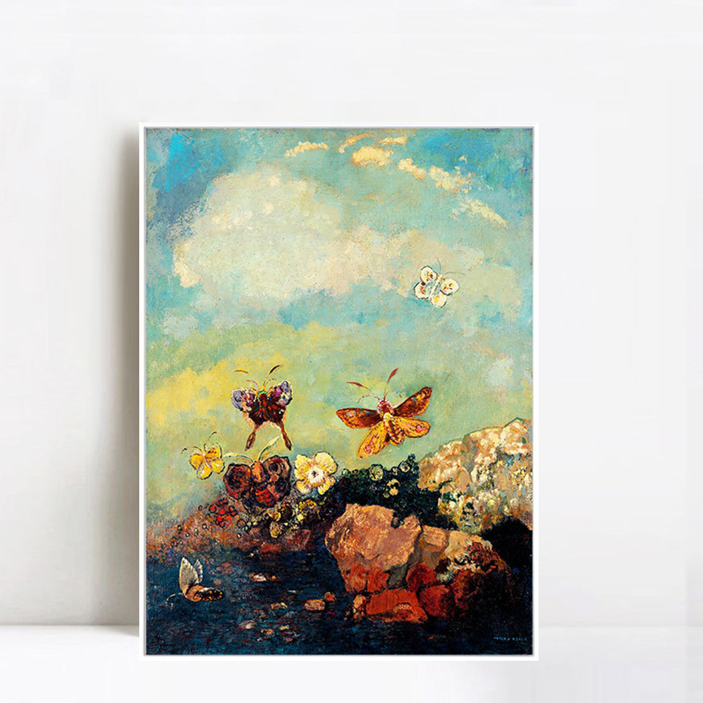 INVIN ART Framed Canvas Giclee Print Butterflies by Odilon Redon Wall Art Living Room Home Office Decorations