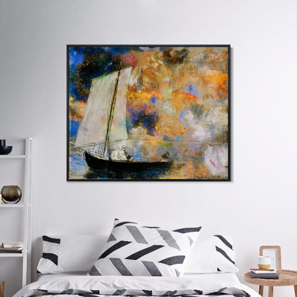 INVIN ART Framed Canvas Giclee Print flower clouds by Odilon Redon Wall Art Living Room Home Office Decorations