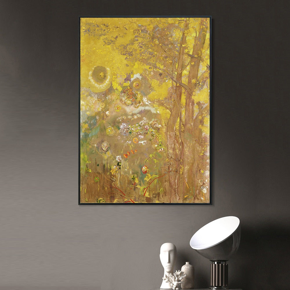 INVIN ART Framed Canvas Giclee Print trees on a yellow background by Odilon Redon Wall Art Living Room Home Office Decorations