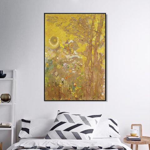 INVIN ART Framed Canvas Giclee Print trees on a yellow background by Odilon Redon Wall Art Living Room Home Office Decorations
