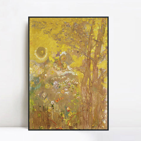 INVIN ART Framed Canvas Giclee Print trees on a yellow background by Odilon Redon Wall Art Living Room Home Office Decorations