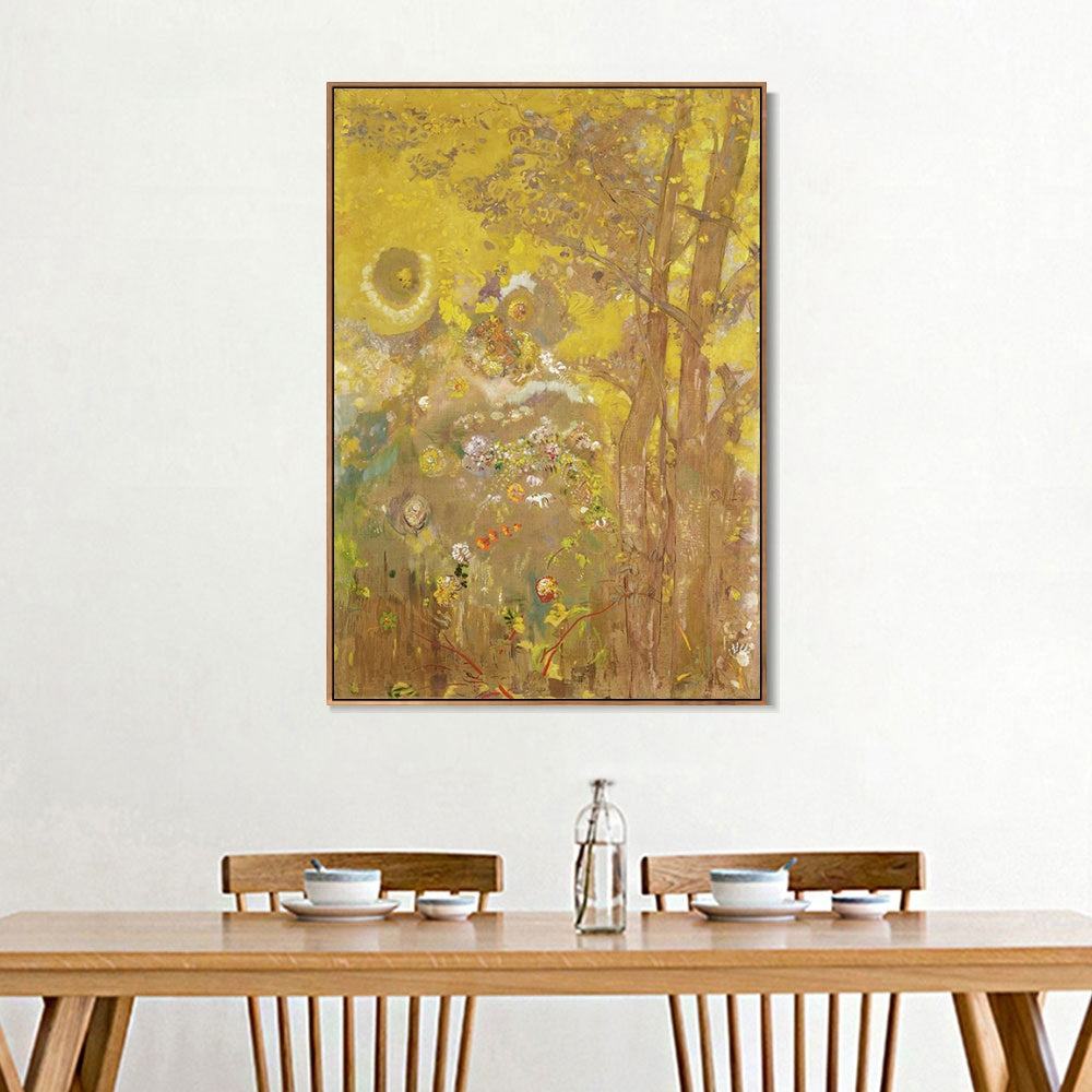 INVIN ART Framed Canvas Giclee Print trees on a yellow background by Odilon Redon Wall Art Living Room Home Office Decorations