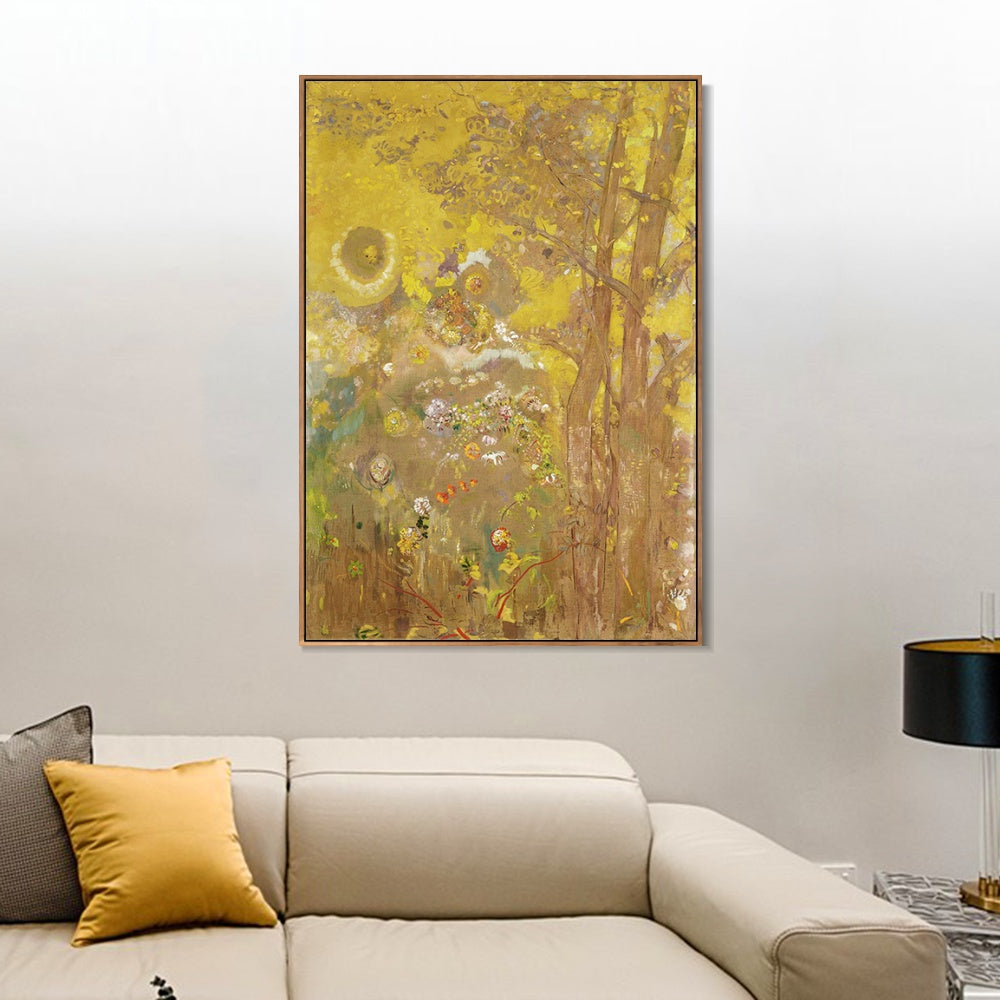 INVIN ART Framed Canvas Giclee Print trees on a yellow background by Odilon Redon Wall Art Living Room Home Office Decorations