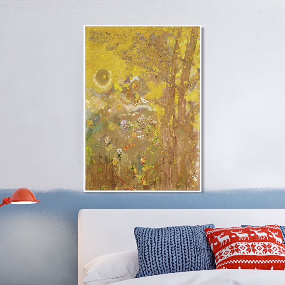 INVIN ART Framed Canvas Giclee Print trees on a yellow background by Odilon Redon Wall Art Living Room Home Office Decorations