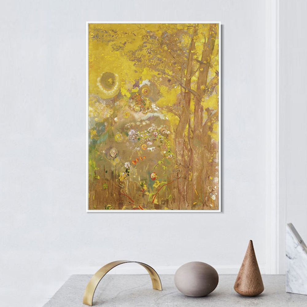 INVIN ART Framed Canvas Giclee Print trees on a yellow background by Odilon Redon Wall Art Living Room Home Office Decorations