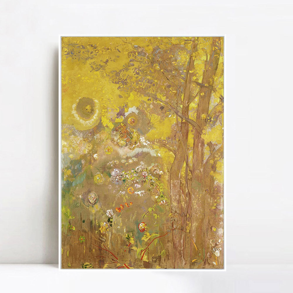 INVIN ART Framed Canvas Giclee Print trees on a yellow background by Odilon Redon Wall Art Living Room Home Office Decorations