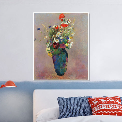 INVIN ART Framed Canvas Giclee Print Vision-vase of flowers by Odilon Redon Wall Art Living Room Home Office Decorations
