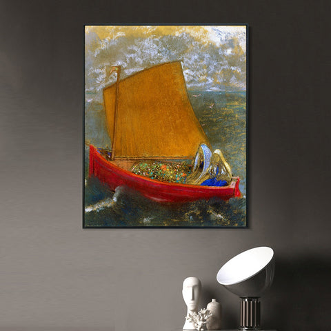 INVIN ART Framed Canvas Giclee Print The Yellow Sail by Odilon Redon Wall Art Living Room Home Office Decorations