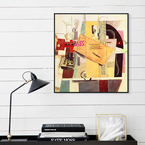 INVIN ART Framed Canvas Giclee Print Art Clarinet,Bottle of Bass,Newspaper,Ace of Clubs by Pablo Picasso Wall Art Living Room Home Office Decorations