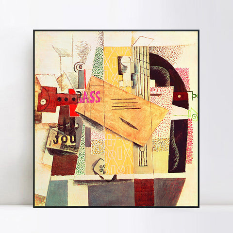 INVIN ART Framed Canvas Giclee Print Art Clarinet,Bottle of Bass,Newspaper,Ace of Clubs by Pablo Picasso Wall Art Living Room Home Office Decorations